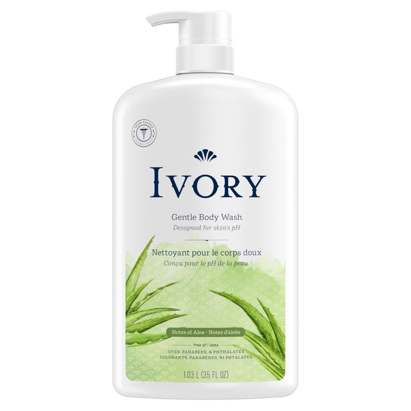 Ivory Gentle Body Wash, Designed for the Whole Family, Free of Dyes Heavy Perfumes Parabens Phthalates & Silicones, Aloe Scent, 35 oz - Image 1