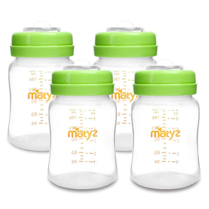 Matyz 4-PACK Breastmilk Storage Bottles With Lids (Green, 6oz Each) - Wide Mouth Breastmilk Collection Storage Bottle - Leakproof Breast Pump Bottle for Spectra Medela Philips Breast Pumps - Image 1