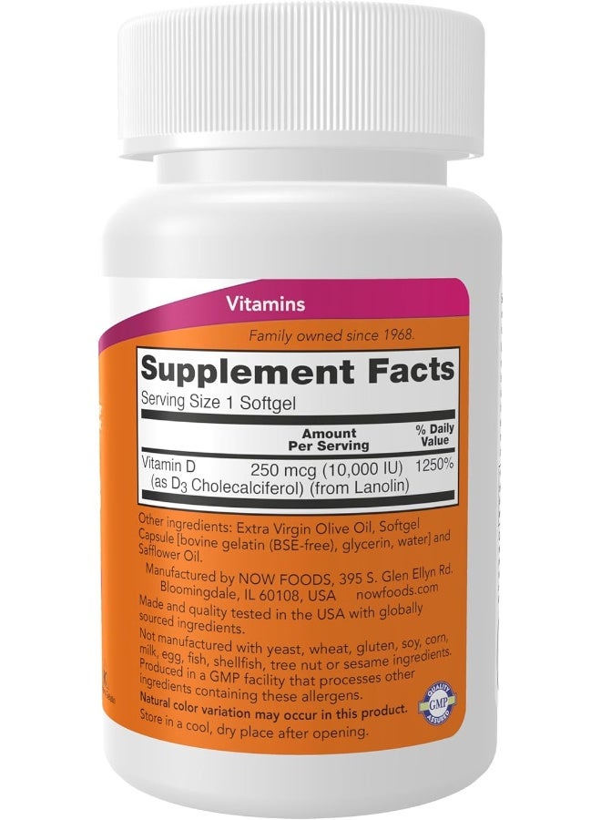 Now Foods Pack Of 2 Vitamin D-3 10,000 IU Dietary Supplement - 240 Softgels - Image 2