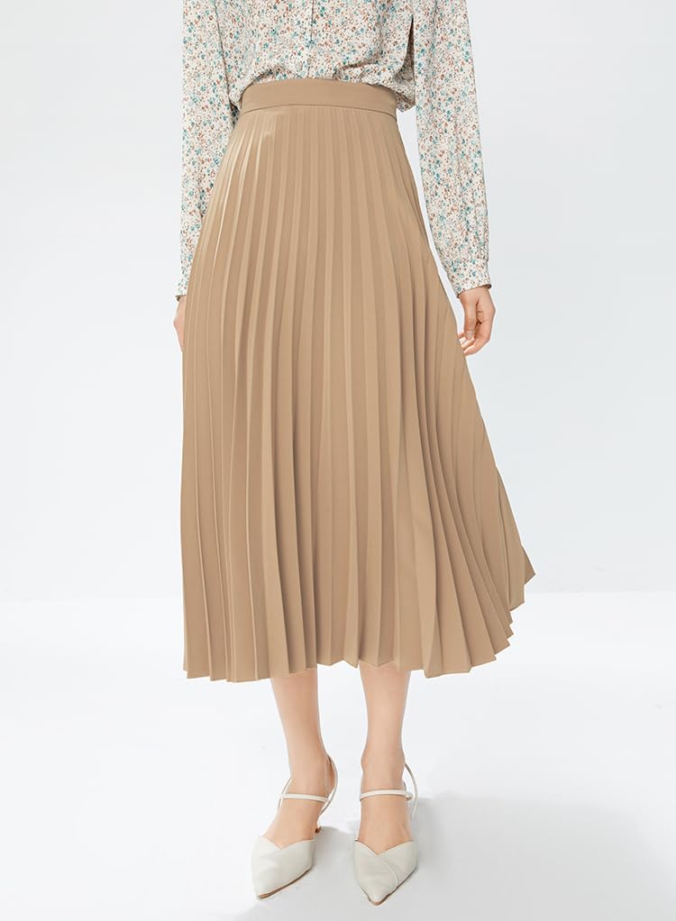 GOLDSTITCH Women's High Waist Pleated Skirt A line Swing Midi Skirt Khaki - Image 2