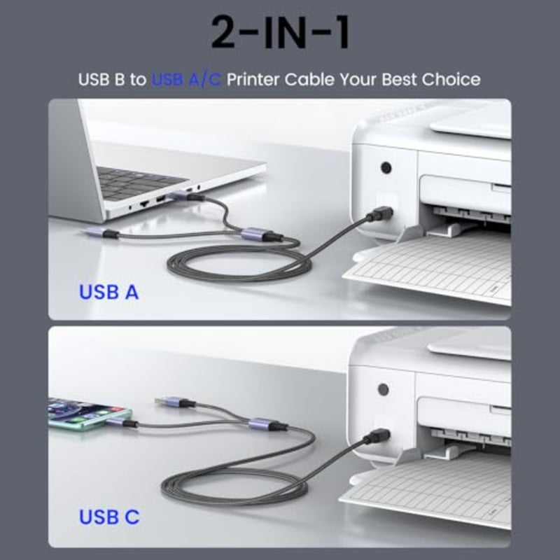 2in1 USB C to B Printer Cable 5Feet/1.5M with USB A-Male to B-Male Cable Compatible with MacBook Pro, HP, Canon, Brother, Samsung Printers - Image 3