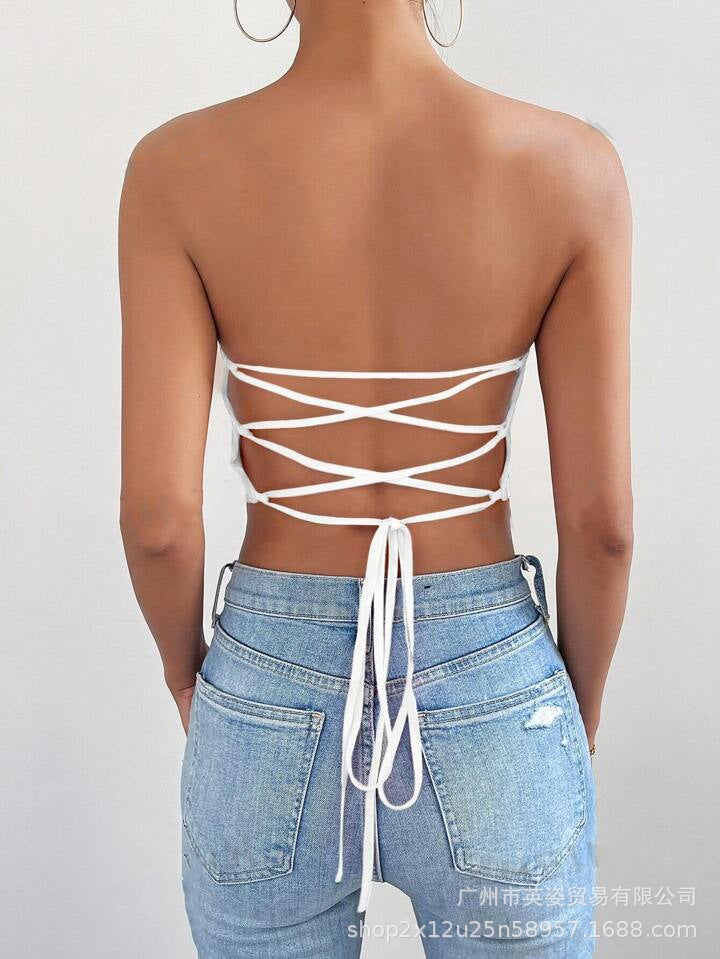 Sweet and Spicy Back Strappy Tube Top for Women Summer Bm Pure Color Tight Short Sexy Corset Top - Image 3
