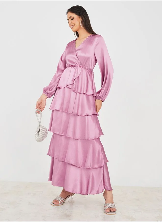Styli Volume Sleeve Wrap Front Layered Maxi Dress