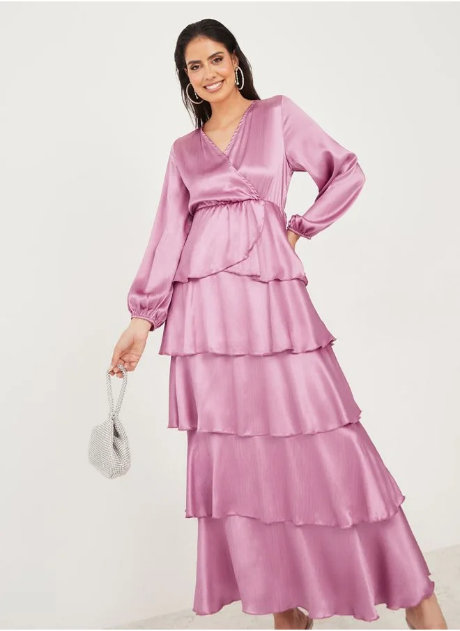 Styli Volume Sleeve Wrap Front Layered Maxi Dress