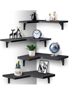 Hihonor Floating Corner Shelves for Wall Décor Storage, Wall Shelves Set of 4, Wall Mounted Wood Shelves for Home Decor, Bedroom, Living Room, Bathroom, Kitchen, Office (Black)  - Image 1