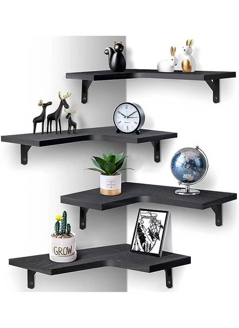 Floating Corner Shelves for Wall Décor Storage, Wall Shelves Set of 4, Wall Mounted Wood Shelves for Home Decor, Bedroom, Living Room, Bathroom, Kitchen, Office (Black)