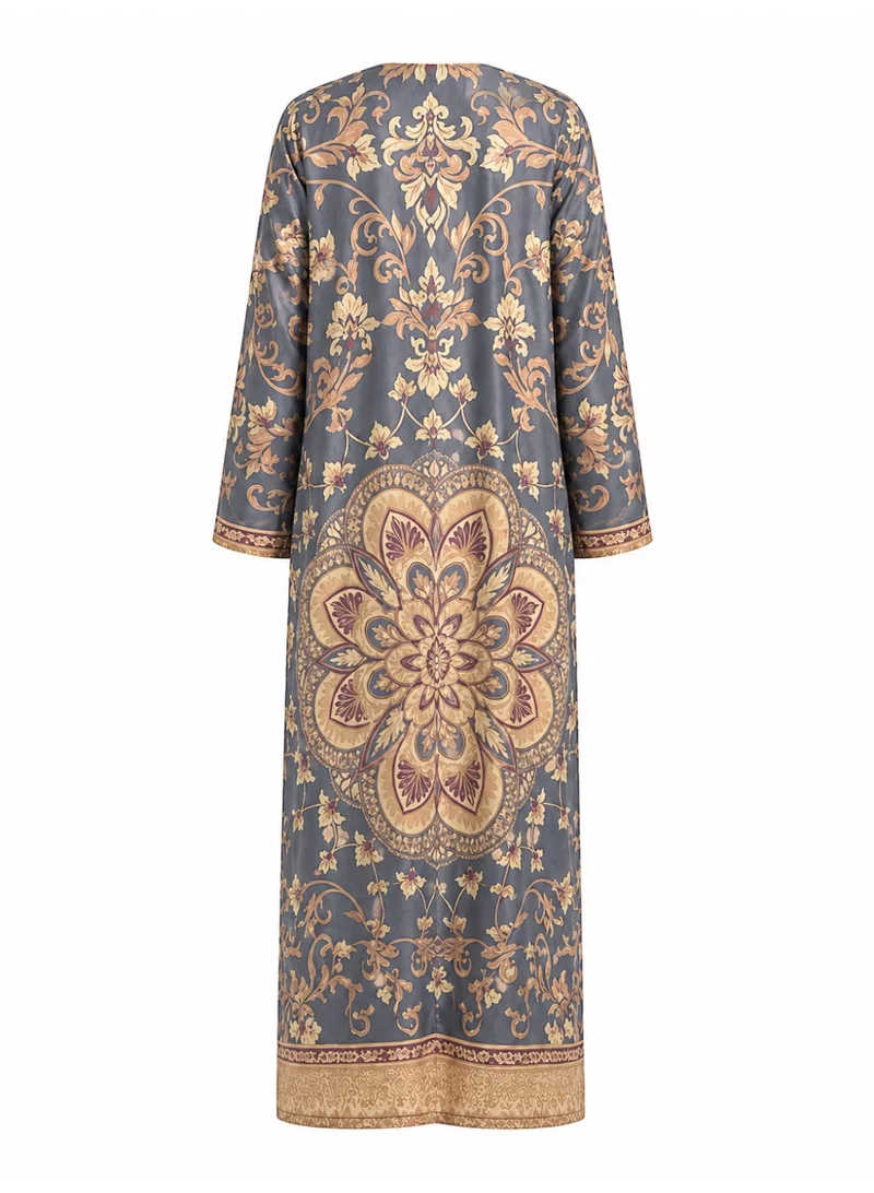 Amnad International  Royal Mosaic Silk Abaya with Matching Chiffon Hijab, Slate Blue & Champagne Gold Print, Sizes 52-60 inches for Women | Best Price UAE