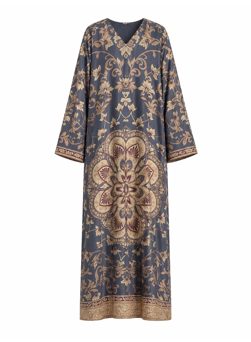 Amnad International Royal Mosaic Silk Abaya with Matching Chiffon Hijab, Slate Blue & Champagne Gold Print, Sizes 52-60 inches