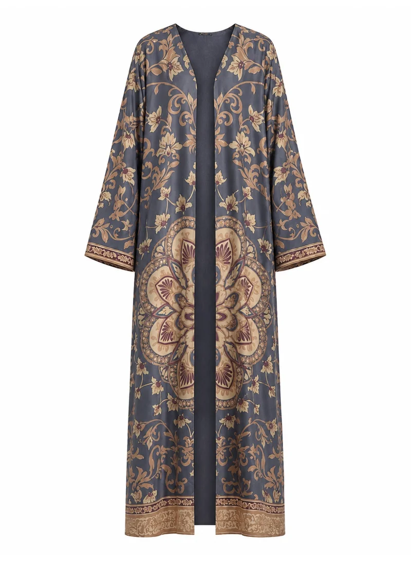 Amnad International Royal Mosaic Silk Abaya with Matching Chiffon Hijab, Slate Blue & Champagne Gold Print, Sizes 52-60 inches