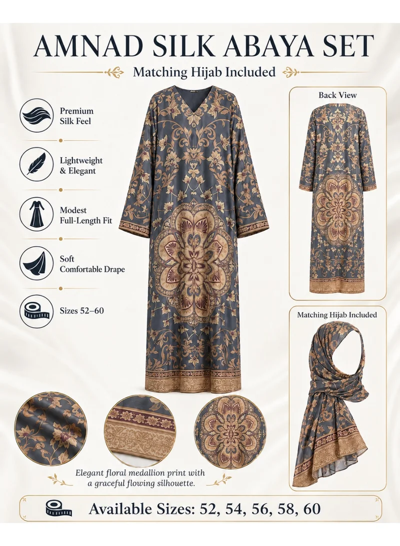 Amnad International  Royal Mosaic Silk Abaya with Matching Chiffon Hijab, Slate Blue & Champagne Gold Print, Sizes 52-60 inches for Women | Best Price UAE