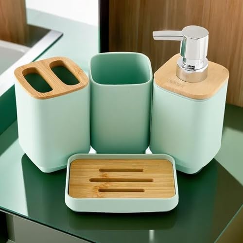 UMAI Bathroom Accessories Set | 4 Piece |Soap Dispenser for Bathroom| Tooth Brush Holder | Mouth Wash Cup |Soap Dish | for Bathroom | Green (Set of 4) - Image 1