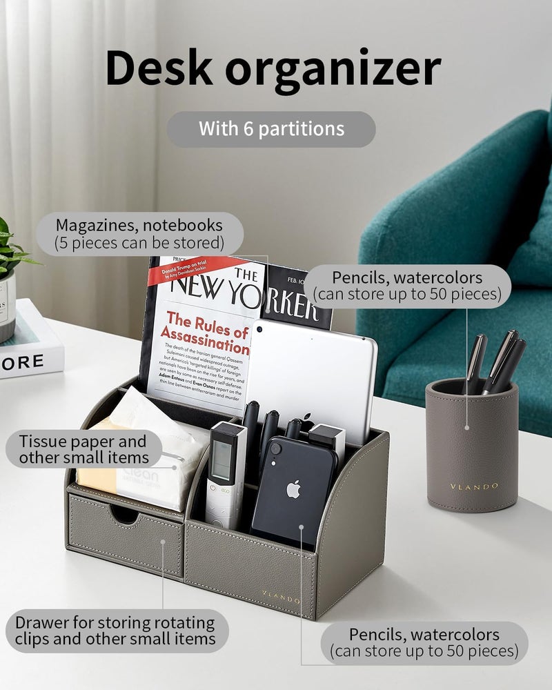 Vlando Office Supplies Desk Organizer Caddy, Desktop Hanging File Letter Document Storage Holder with Drawer Organizer Section for Office Home (Set of Grey) - Image 4