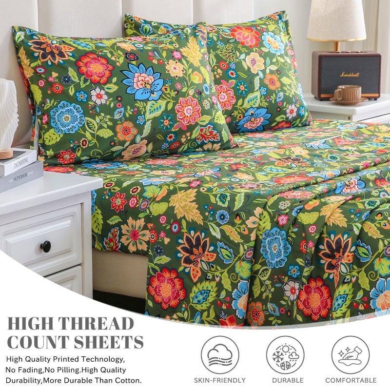 Bedlifes California King Sheet Set Ultra Soft, Breathable, Silky Flower Deep Pocket 100% Microfiber Bedding, 4 Piece Cal King Size with Floral Dark Green - Image 3