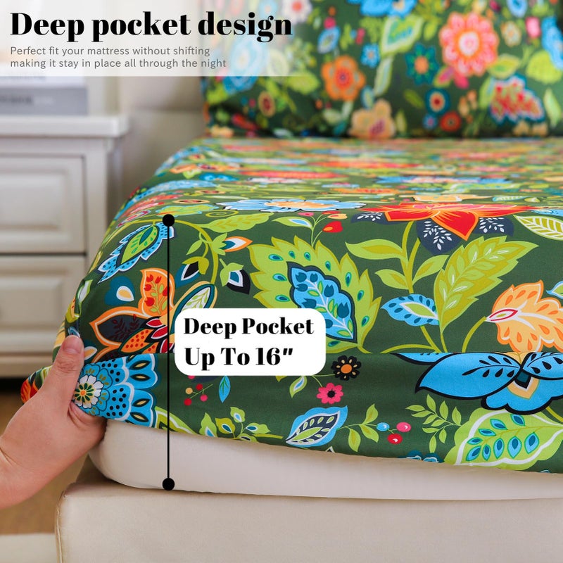 Bedlifes California King Sheet Set Ultra Soft, Breathable, Silky Flower Deep Pocket 100% Microfiber Bedding, 4 Piece Cal King Size with Floral Dark Green - Image 4