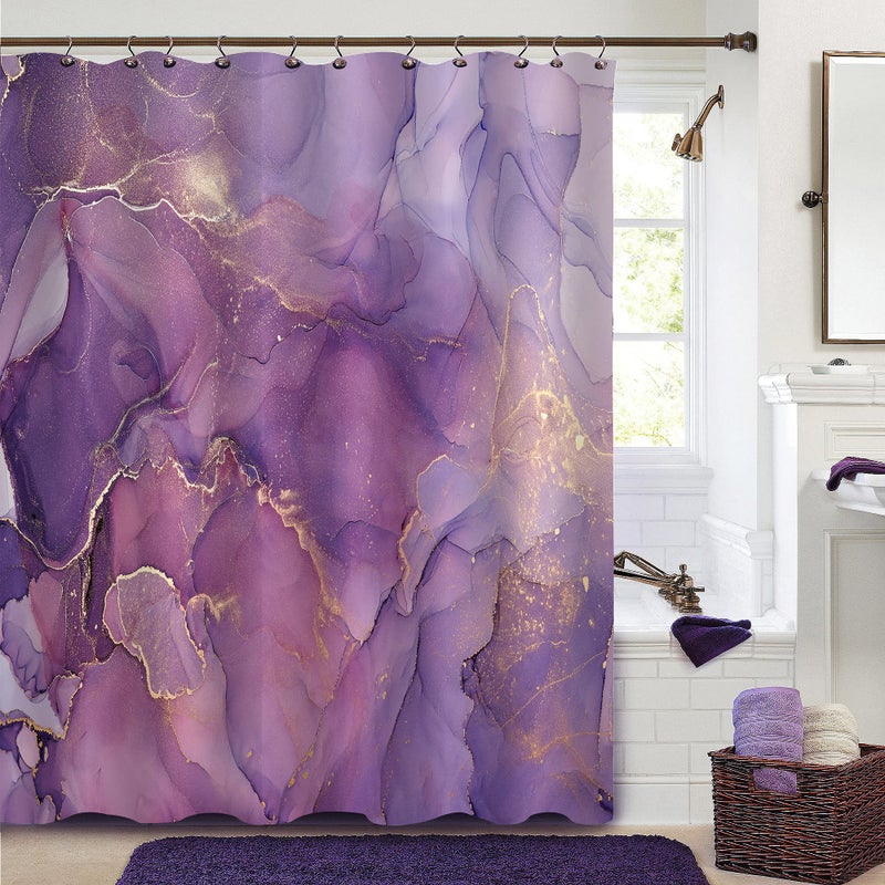Gibelle Purple Marble Shower Curtain Abstract Lavender Gold Fabric Shower Curtains for Bathroom Modern Elegant Ombre Watercolor Ink Art Decor Bathroom Curtains Shower Set with Hooks 72 x 72