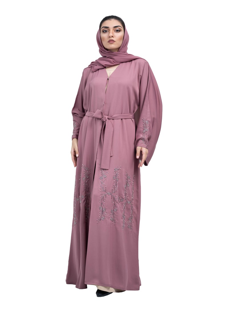NUKHBAA Dazzling Mauve Nida Abaya embellished with Extensive Beadwork, Includes Matching Hijab and Belt-631  - Image 1