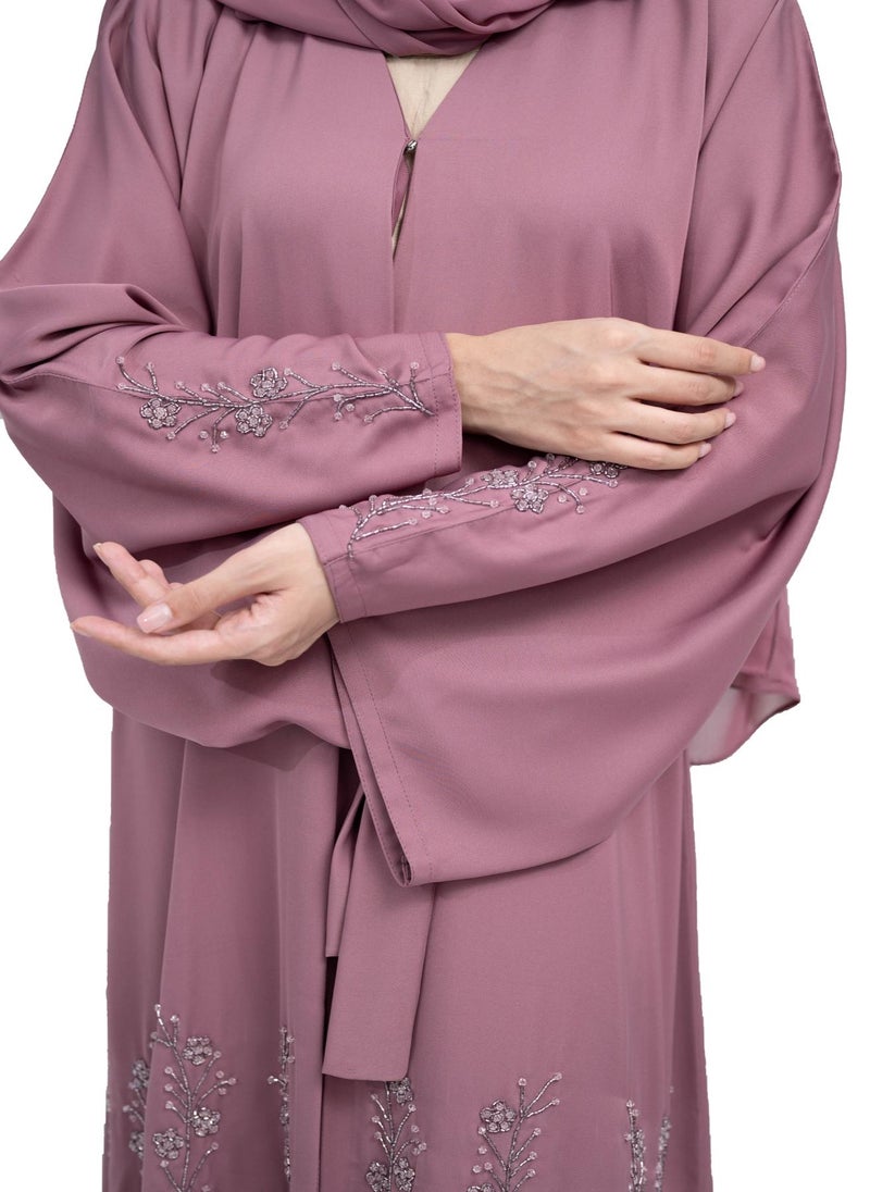 NUKHBAA Dazzling Mauve Nida Abaya embellished with Extensive Beadwork, Includes Matching Hijab and Belt-631  - Image 4