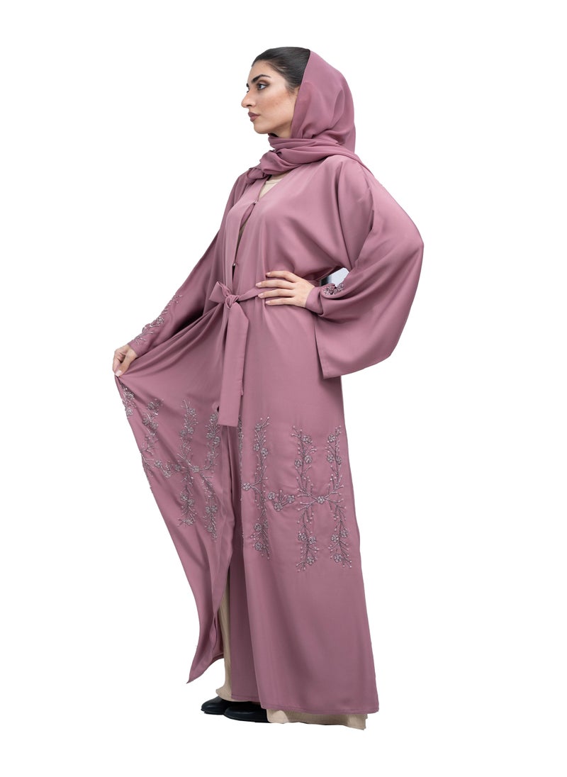 NUKHBAA Dazzling Mauve Nida Abaya embellished with Extensive Beadwork, Includes Matching Hijab and Belt-631  - Image 2
