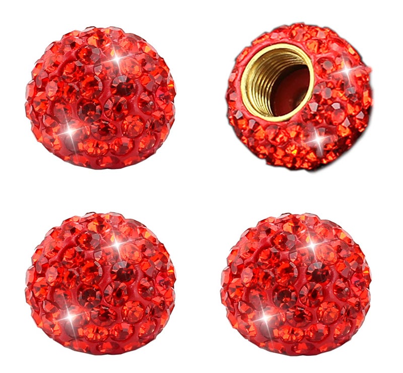Muxkenper Car Wheel Tire Valve 4 Pack Handmade Crystal Rhinestone Tire Valve Stem Air Caps Cover Bling Car Accessories (Red) - Image 1