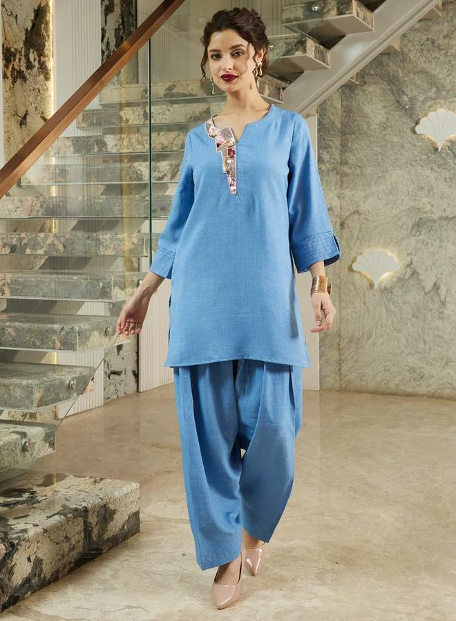 Athena Blue Bead Longline Tunic and Farshi Salwar Co-ords