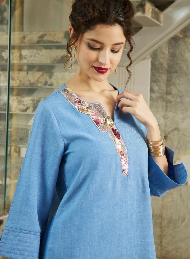 Athena  Blue Bead Longline Tunic and Farshi Salwar Co-ords for Women | Best Price UAE