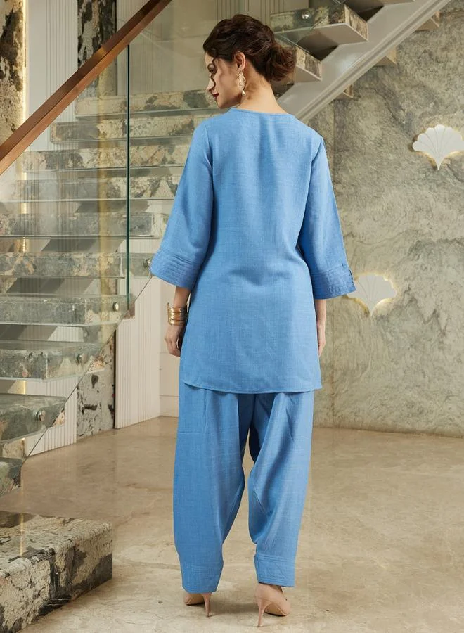 Athena  Blue Bead Longline Tunic and Farshi Salwar Co-ords for Women | Best Price UAE