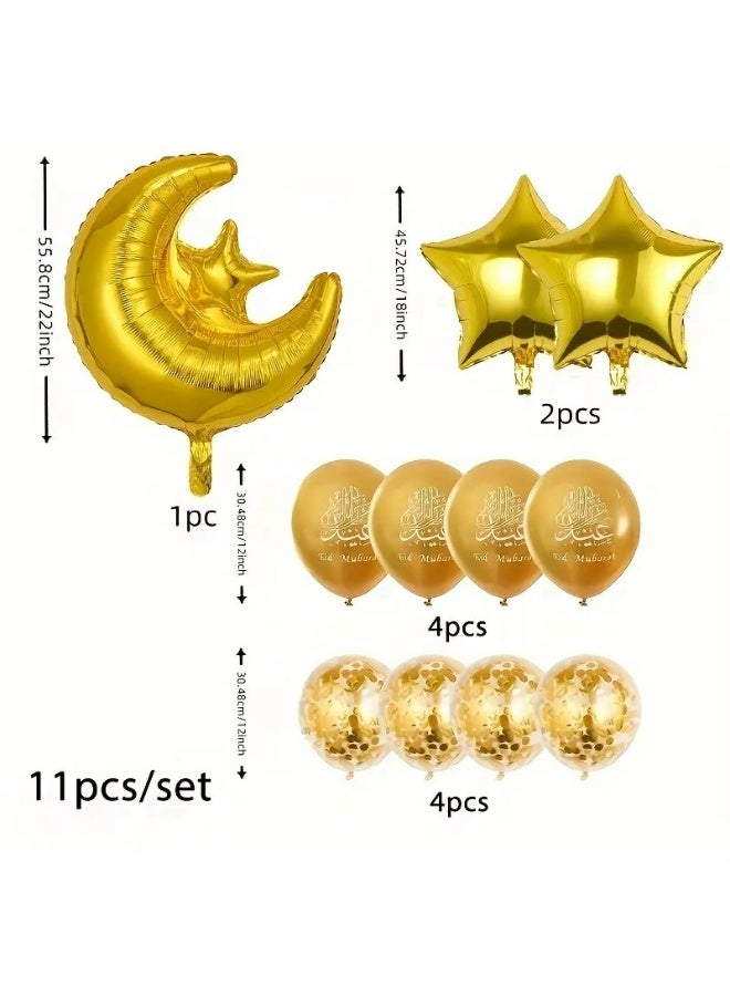 11pcs set Eid Mubarak Balloons Ramadan Decoration 2026 Muslim Hajj Decor Ramadan Kareem Festival Banner Star Moon Foil Balloon (GOLD) - view 2