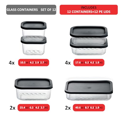 EATEX 12 Pack Glass Meal Prep Containers with Grooved Base, 12 Stackable BPA Free Glass Storage Containers with Lids for Lunch, Pantry, and Kitchen - Microwave, Dishwasher Freezer & Oven Safe - Black - Image 2