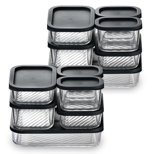 EATEX 12 Pack Glass Meal Prep Containers with Grooved Base, 12 Stackable BPA Free Glass Storage Containers with Lids for Lunch, Pantry, and Kitchen - Microwave, Dishwasher Freezer & Oven Safe - Black - Image 1