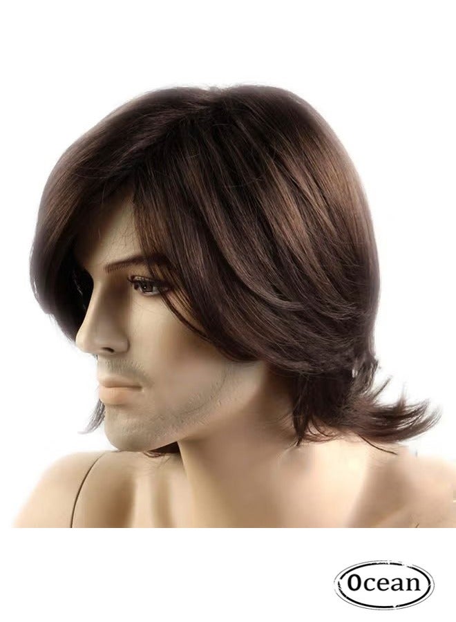 جي أس شعر مستعار متوسط الطول، شعر طويل للرجال مع مجعدات خارجية شعر مستعار، شعر مستعار طبيعي المظهر مقاوم للحرارة، للاستخدام اليومي/الحزب، بني داكن - Image 1