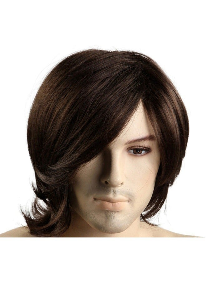 جي أس شعر مستعار متوسط الطول، شعر طويل للرجال مع مجعدات خارجية شعر مستعار، شعر مستعار طبيعي المظهر مقاوم للحرارة، للاستخدام اليومي/الحزب، بني داكن - Image 2