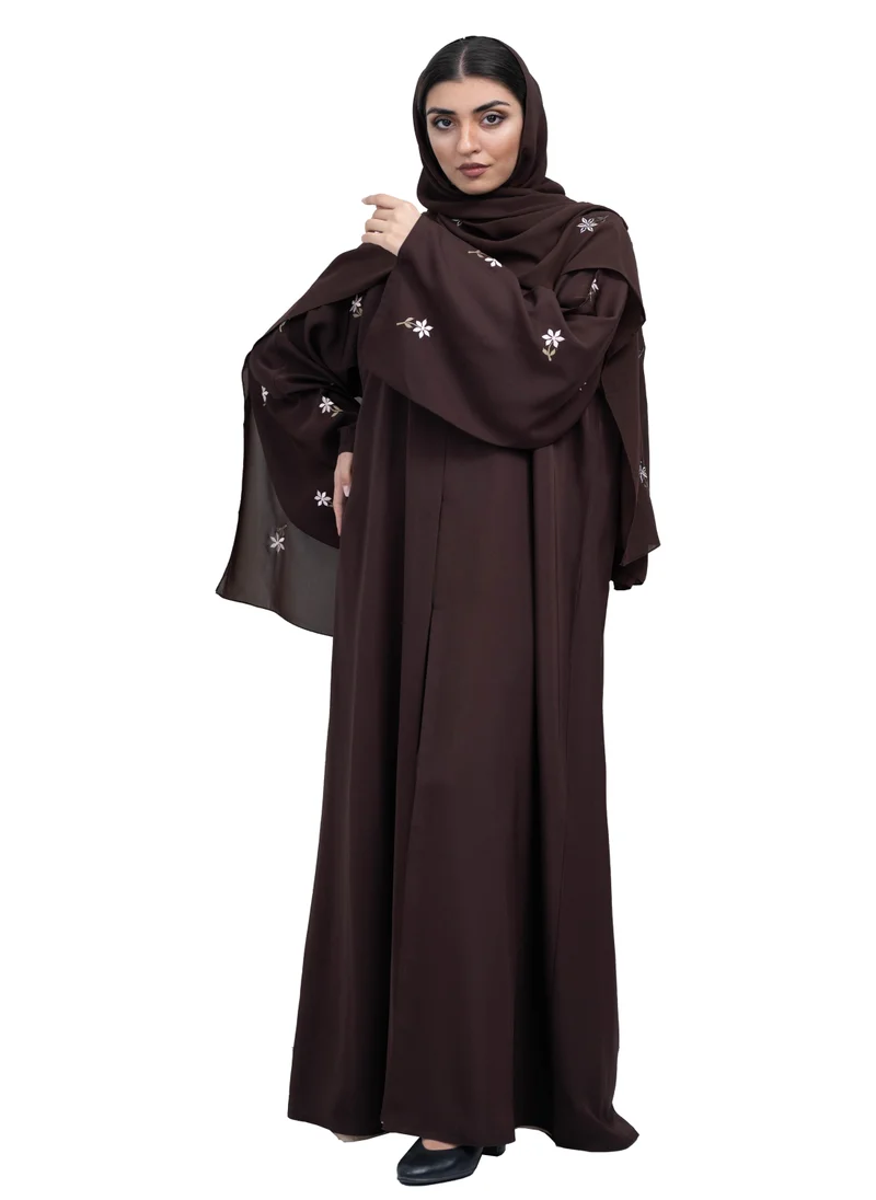 NUKHBAA Sleek Coffee Brown Nida Abaya with Intricate Floral Embroidery and Matching embroidered Hijab-630