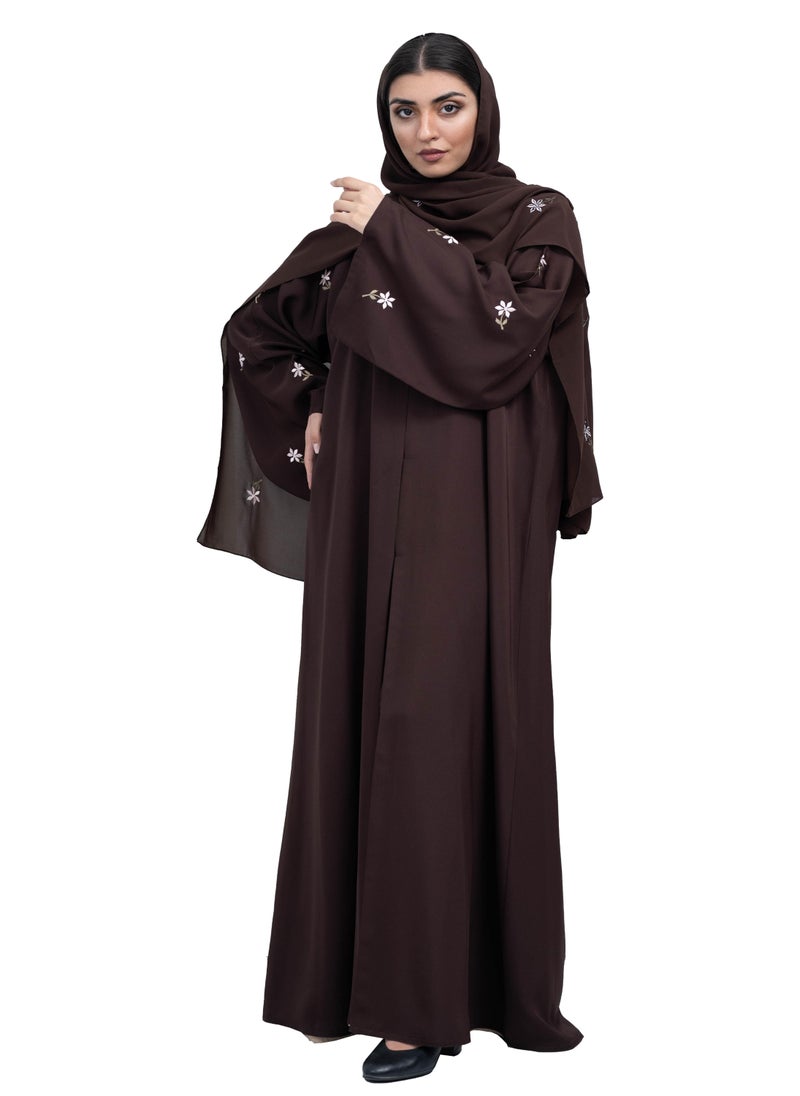 NUKHBAA Sleek Coffee Brown Nida Abaya with Intricate Floral Embroidery and Matching embroidered Hijab-630  - Image 1