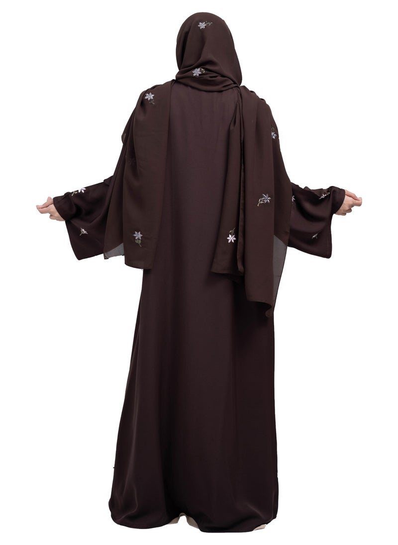 NUKHBAA Sleek Coffee Brown Nida Abaya with Intricate Floral Embroidery and Matching embroidered Hijab-630  - Image 4