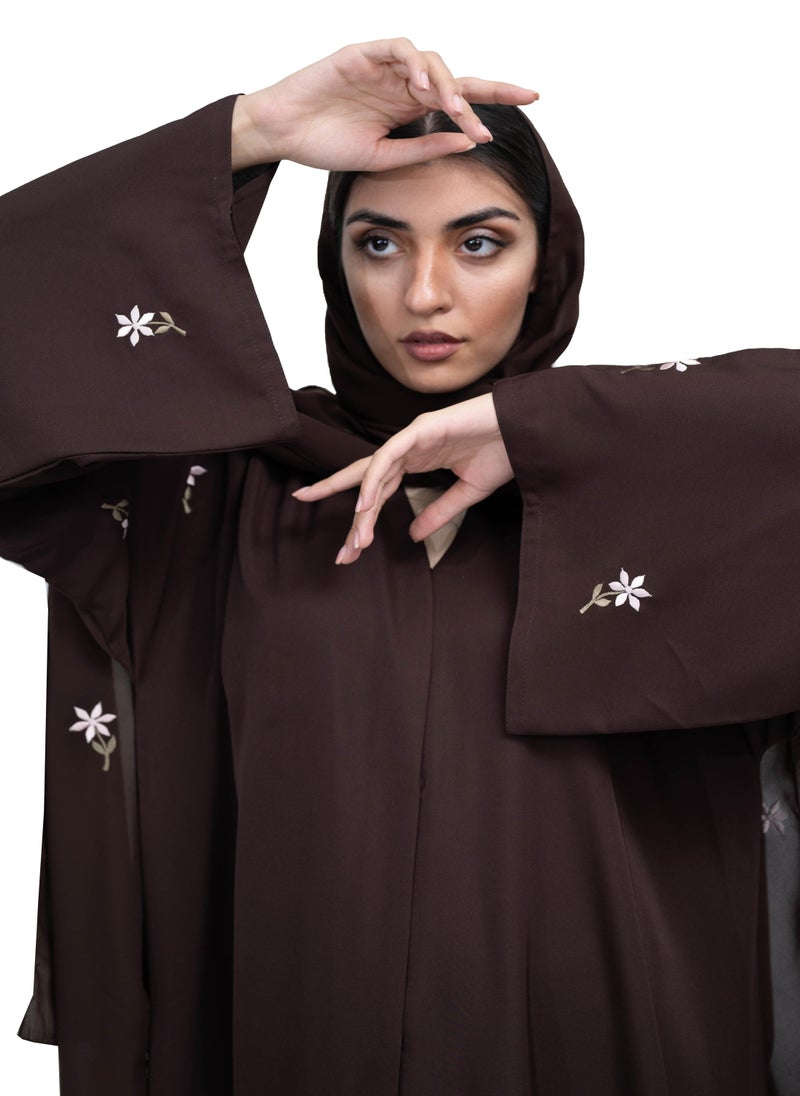 NUKHBAA Sleek Coffee Brown Nida Abaya with Intricate Floral Embroidery and Matching embroidered Hijab-630  - Image 3