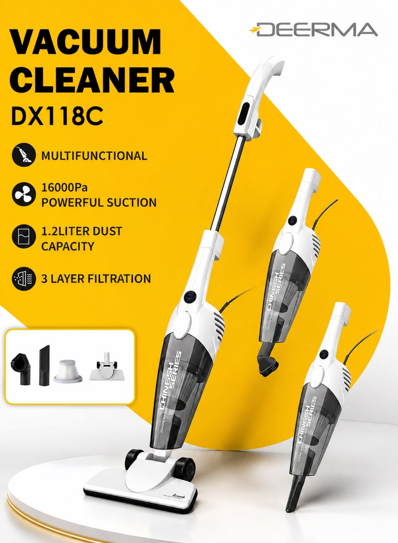 Deerma DX118C Corded Stick Vacuum Cleaner, 16000Pa Powerful Suction 2-in-1 Handheld & Upright Vacuum, 600W Motor, 1.2L Large Dust Cup with HEPA Filtration, 3 Brush Heads for Hard Floor, Carpet 1.2 L 600 W DX118C white - Image 1