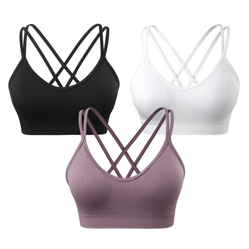 VEQKING Womens Crisscross Sports Bra Wirefree Comfort Workout Bras for Yoga Fitness Bra with Removable Cups 3 Pack - Image 1
