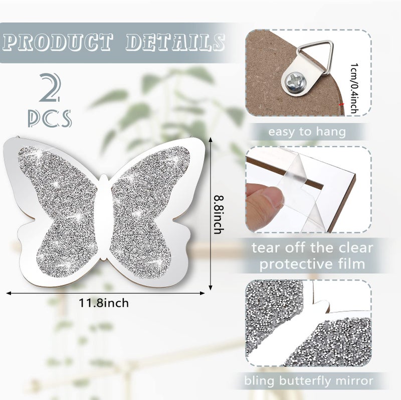 Vesici 2 Pieces Butterfly Shaped Mirror Crystal Crushed Diamond Silver Mirror Silver Wall Decor for Living Room Modern Decorative Artwork for Nursery Wedding Decor(11.8 x 8.8 Inch) - Image 2