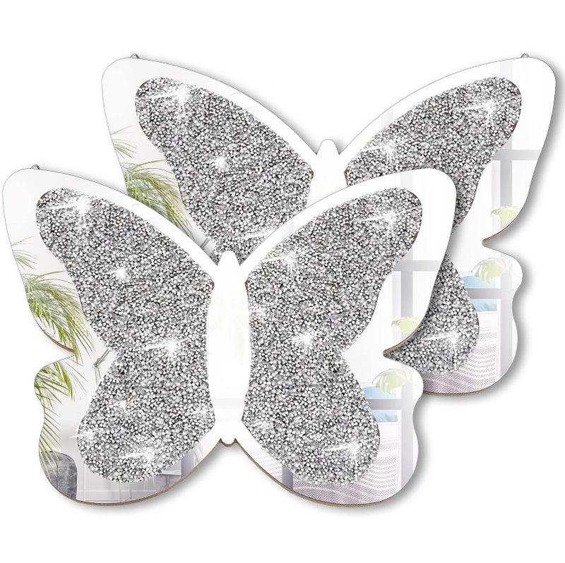 Vesici 2 Pieces Butterfly Shaped Mirror Crystal Crushed Diamond Silver Mirror Silver Wall Decor for Living Room Modern Decorative Artwork for Nursery Wedding Decor(11.8 x 8.8 Inch) - Image 1