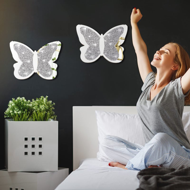 Vesici 2 Pieces Butterfly Shaped Mirror Crystal Crushed Diamond Silver Mirror Silver Wall Decor for Living Room Modern Decorative Artwork for Nursery Wedding Decor(11.8 x 8.8 Inch) - Image 4