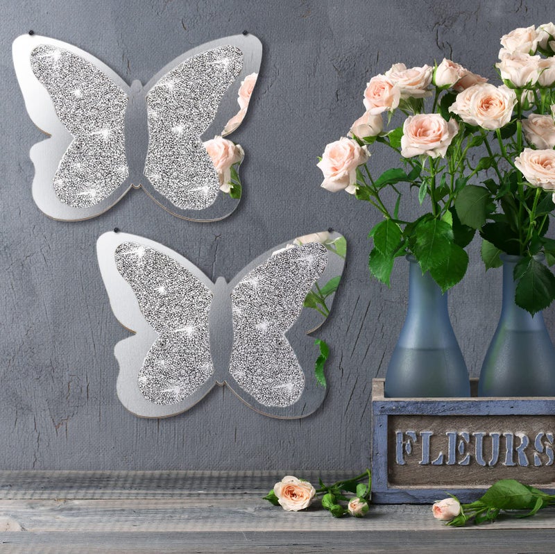 Vesici 2 Pieces Butterfly Shaped Mirror Crystal Crushed Diamond Silver Mirror Silver Wall Decor for Living Room Modern Decorative Artwork for Nursery Wedding Decor(11.8 x 8.8 Inch) - Image 3