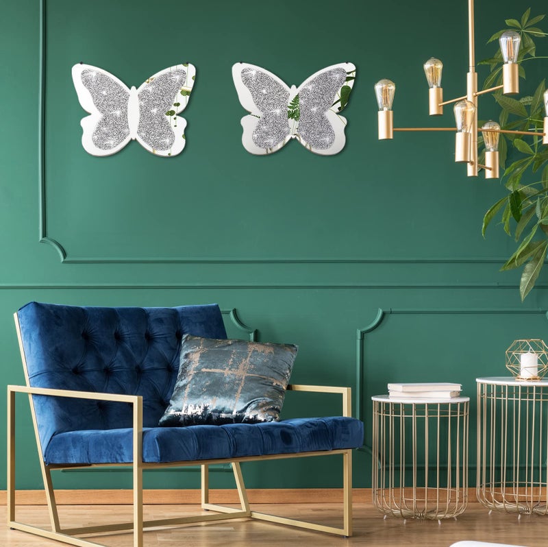 Vesici 2 Pieces Butterfly Shaped Mirror Crystal Crushed Diamond Silver Mirror Silver Wall Decor for Living Room Modern Decorative Artwork for Nursery Wedding Decor(11.8 x 8.8 Inch) - Image 5