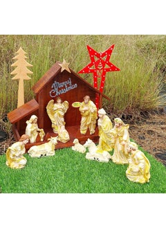 MDT India MDT India Holy Crib Combo Christmas Xmas Decor Premium Wooden Stable Polymarble Nativity Set LED Star Green Mat Wood 