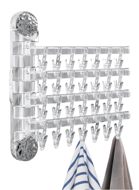 Wall Hanging Sock Drying Rack, 4-Rod Rotatable Laundry Drying Rack, Multifunctional Sock Clips for Clothes Drying, Heavy Duty Windproof Wall Mounted Drying Rack for Towel Socks, Silver
