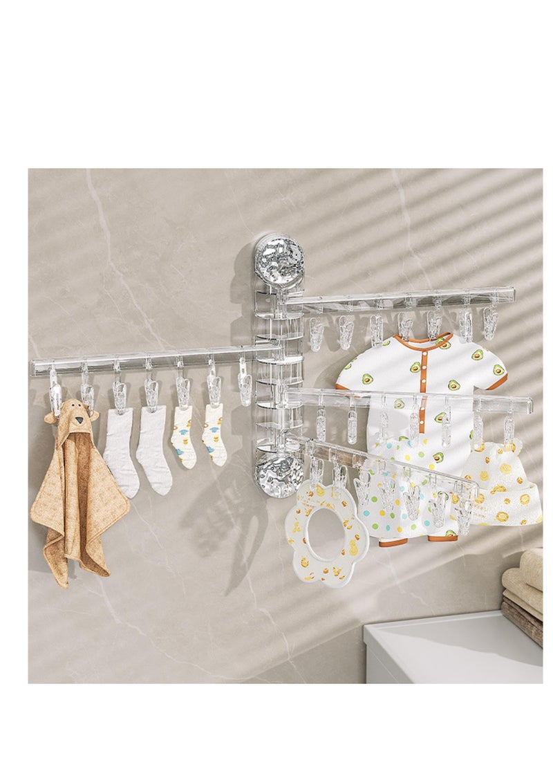 XiuWoo - Wall Hanging Sock Drying Rack, 4-Rod Rotatable Laundry Drying Rack, Multifunctional Sock Clips for Clothes Drying, Heavy Duty Windproof Wall Mounted Drying Rack for Towel Socks, Silver - Image 1