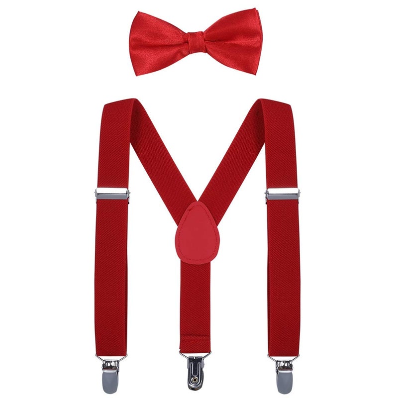 magicX Suspender with Pre-Tied Bow Tie for Kids- Adjustable,Y Back, Free Size-Red, Unisex - Image 1