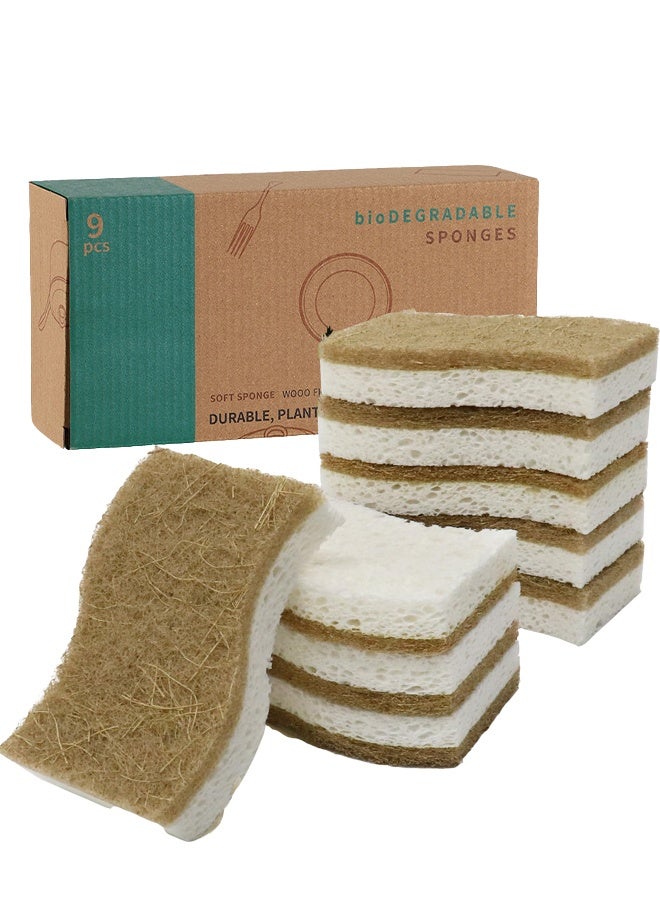 الوجبة عبوة من 9 قطع إسفنجية للمطبخ، إسفنجة مطبخ طبيعية قابلة للتحلل الحيوي، إسفنجة تنظيف من السليلوز وجوز الهند والجوز قابلة للتحلل الحيوي، إسفنجات صديقة للبيئة ومستدامة للأطباق المنزلية وأدوات الطبخ والحمام - Image 1