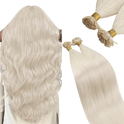 Ugeat Flat Tip Hair Extensions Human Hair Platinum Blonde Ktips Hair Extensions Human Hair Straight Keratin Bond Extension Blonde Fusion Extension Soft and Silky for Daily 20 Inch 50G 50S - Image 1