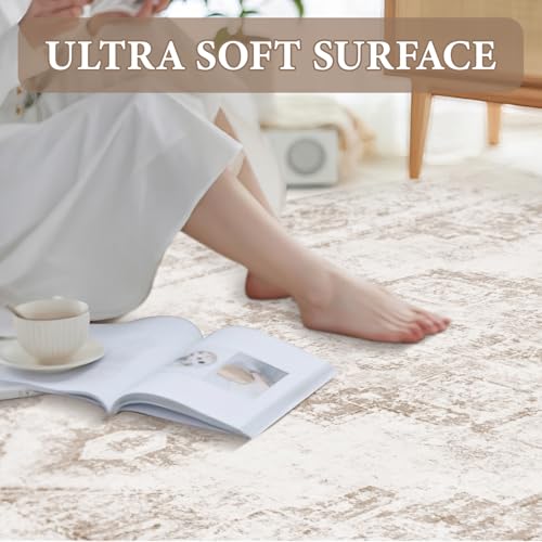Zomfy Area Rug 6x9 Vintage Rug: Washable Indoor Medallion Rugs Low Pile Distressed Floor Carpet Retro Accent Rug for Living Room Bedroom Kitchen Dining Table Home Office(Beige, 6'x9') - Image 4