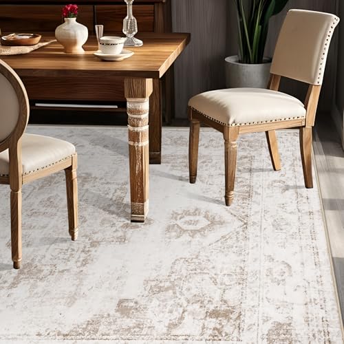 Zomfy Area Rug 6x9 Vintage Rug: Washable Indoor Medallion Rugs Low Pile Distressed Floor Carpet Retro Accent Rug for Living Room Bedroom Kitchen Dining Table Home Office(Beige, 6'x9') - Image 2